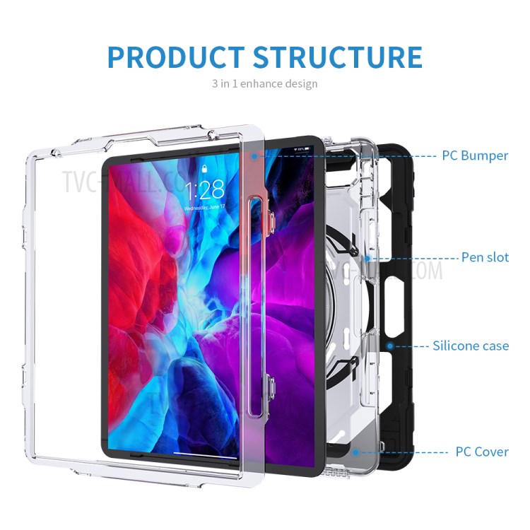 Thicken Kickstand for iPad Pro 12.9-inch (2020)/(2018) Clear PC Silicone Hybrid Case with Adjustable Strap - Black-18