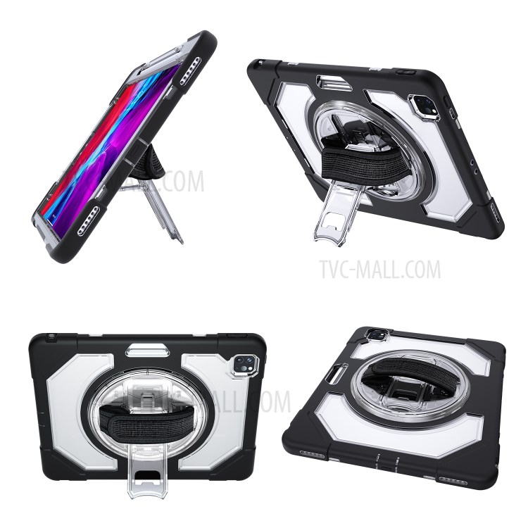 Thicken Kickstand for iPad Pro 12.9-inch (2020)/(2018) Clear PC Silicone Hybrid Case with Adjustable Strap - Black-2