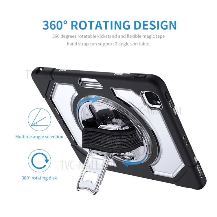 Thicken Kickstand for iPad Pro 12.9-inch (2020)/(2018) Clear PC Silicone Hybrid Case with Adjustable Strap - Black-24