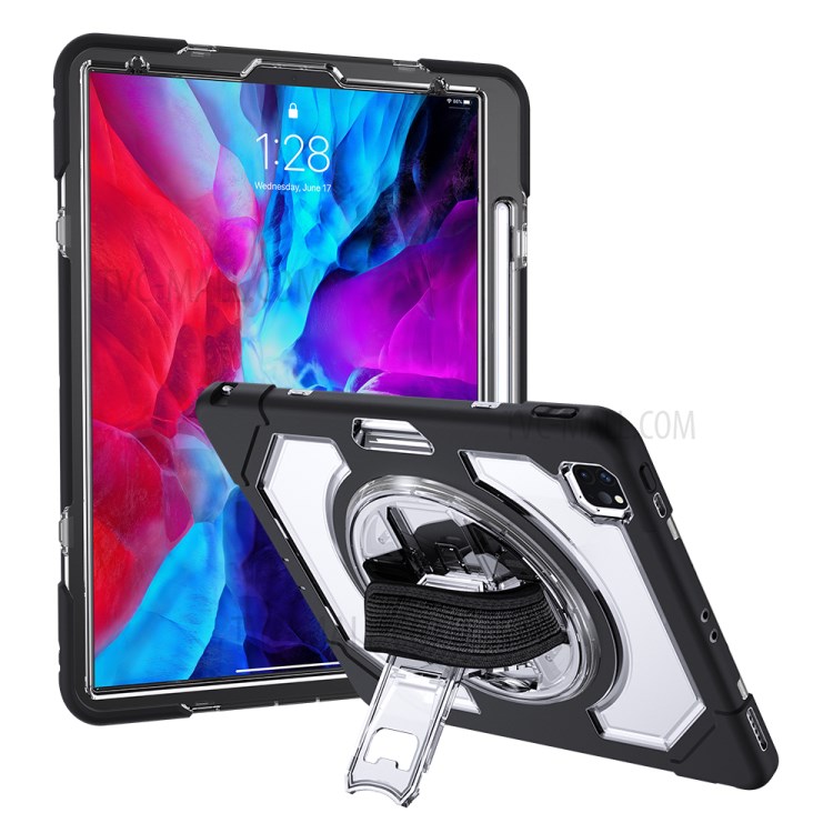 Thicken Kickstand for iPad Pro 12.9-inch (2020)/(2018) Clear PC Silicone Hybrid Case with Adjustable Strap - Black-3