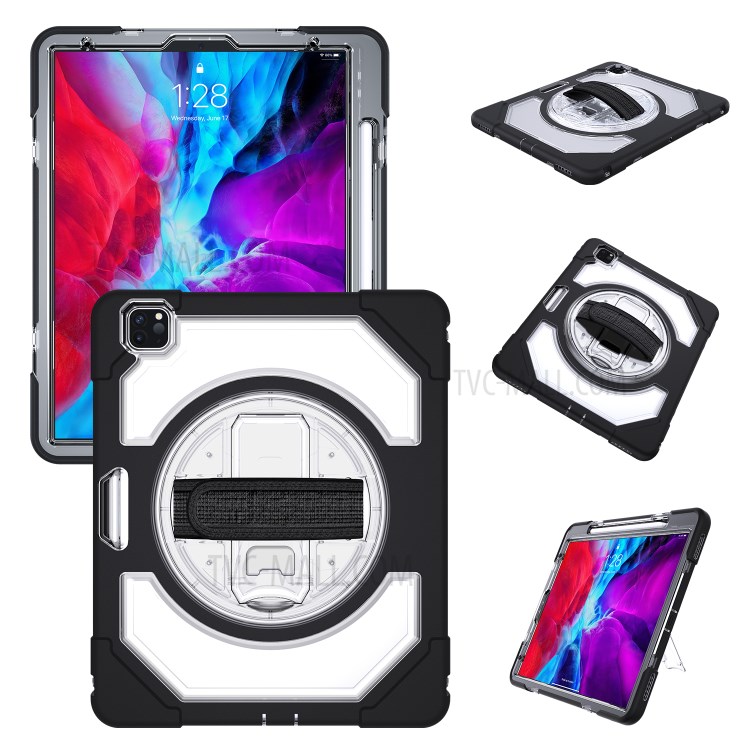 Thicken Kickstand for iPad Pro 12.9-inch (2020)/(2018) Clear PC Silicone Hybrid Case with Adjustable Strap - Black-4