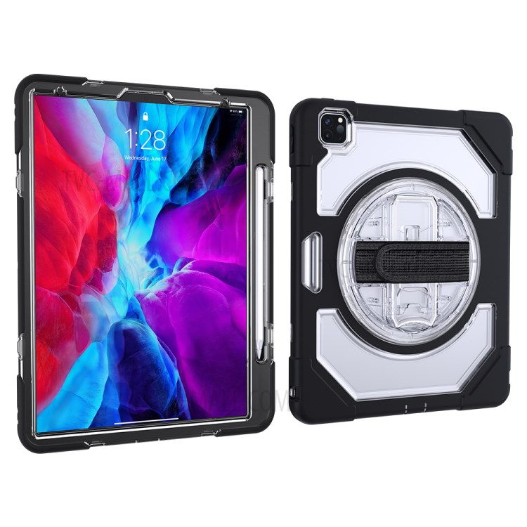 Thicken Kickstand for iPad Pro 12.9-inch (2020)/(2018) Clear PC Silicone Hybrid Case with Adjustable Strap - Black-6