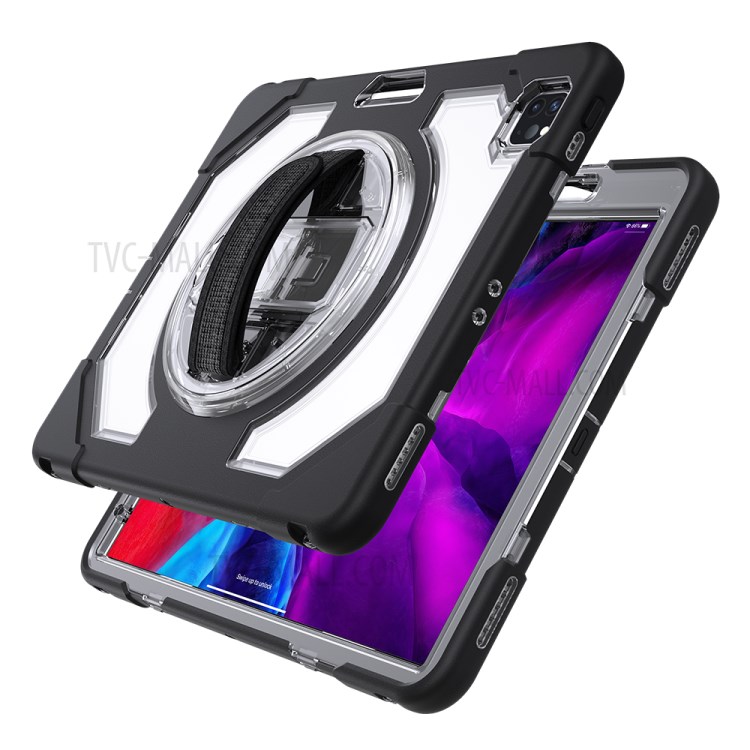 Thicken Kickstand for iPad Pro 12.9-inch (2020)/(2018) Clear PC Silicone Hybrid Case with Adjustable Strap - Black-7