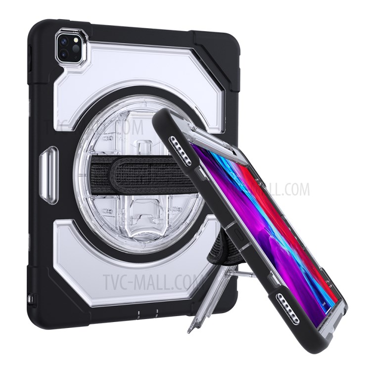 Thicken Kickstand for iPad Pro 12.9-inch (2020)/(2018) Clear PC Silicone Hybrid Case with Adjustable Strap - Black-8