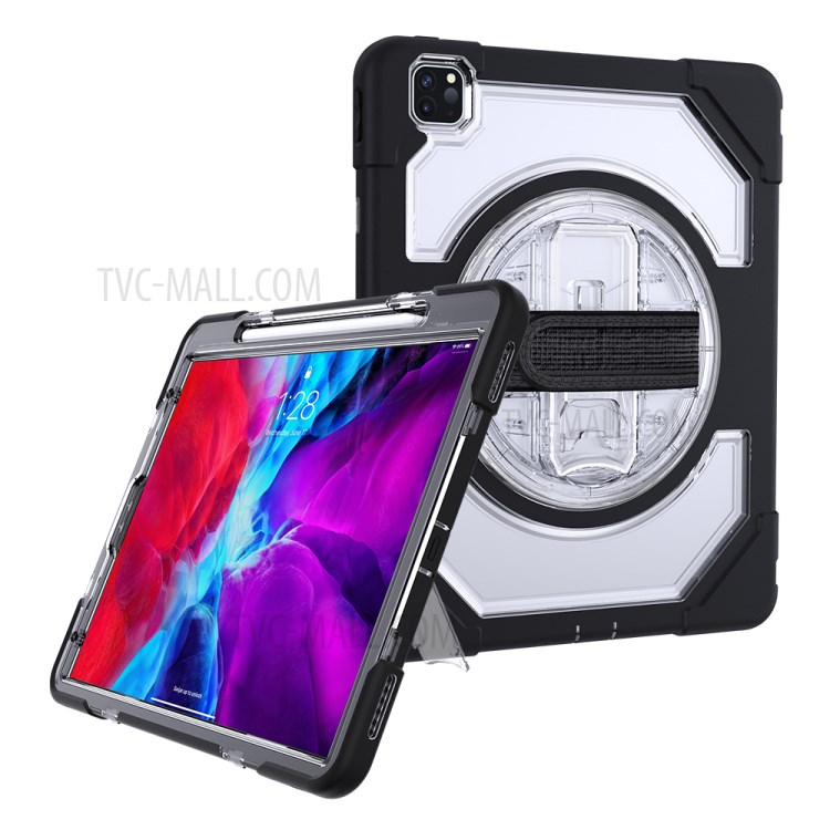 Thicken Kickstand for iPad Pro 12.9-inch (2020)/(2018) Clear PC Silicone Hybrid Case with Adjustable Strap - Black-9