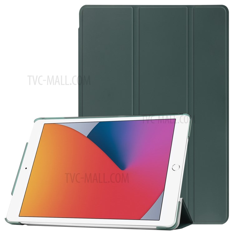 Clear Back Plastic Tri-fold PU Leather Tablet Cover for iPad 10.2 (2020)/(2019) - Dark Green-1