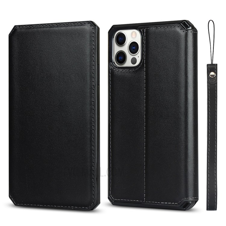 Genuine Leather + TPU Wallet Phone Case Cover with Handy Strap for iPhone 12 - Black-1