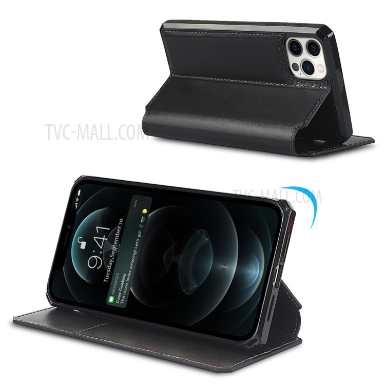 Genuine Leather + TPU Wallet Phone Case Cover with Handy Strap for iPhone 12 Pro Max - Black-10