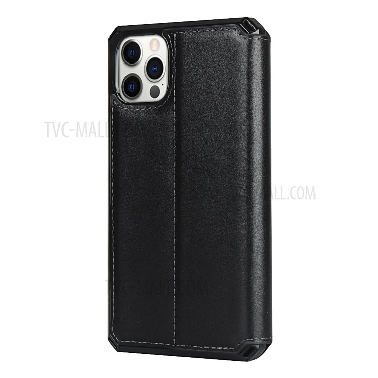 Genuine Leather + TPU Wallet Phone Case Cover with Handy Strap for iPhone 12 Pro Max - Black-3