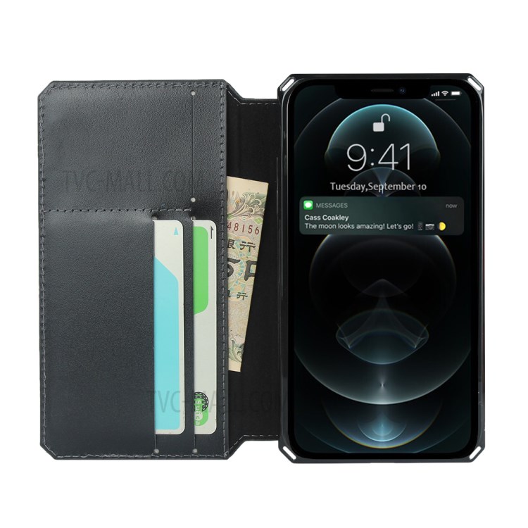 Genuine Leather + TPU Wallet Phone Case Cover with Handy Strap for iPhone 12 Pro Max - Black-4