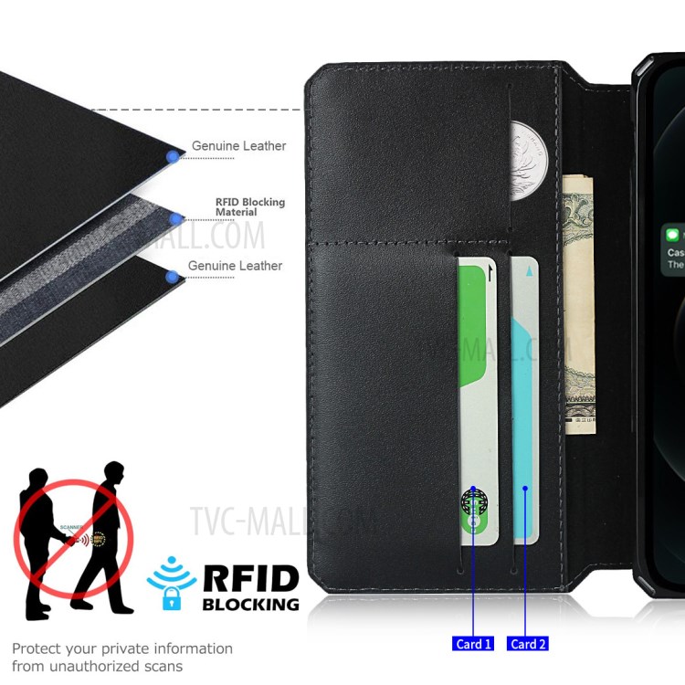 Genuine Leather + TPU Wallet Phone Case Cover with Handy Strap for iPhone 12 Pro Max - Black-5
