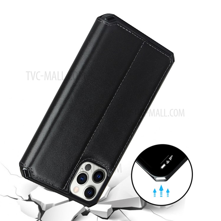 Genuine Leather + TPU Wallet Phone Case Cover with Handy Strap for iPhone 12 Pro Max - Black-6