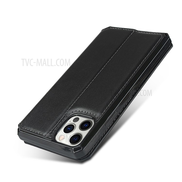 Genuine Leather + TPU Wallet Phone Case Cover with Handy Strap for iPhone 12 Pro Max - Black-9