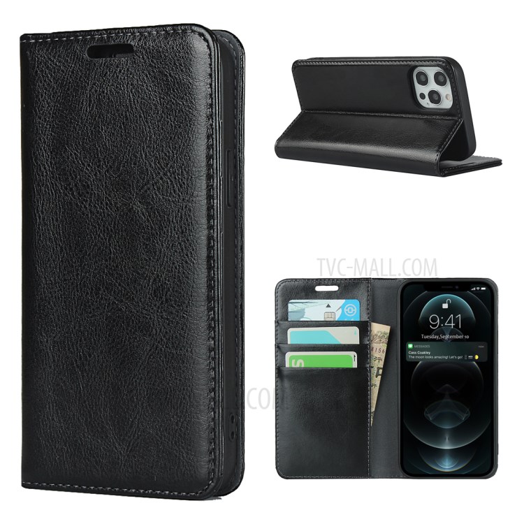 Crazy Horse Genuine Leather Wallet Stand Case Cover for iPhone 12 Pro Max - Black-1