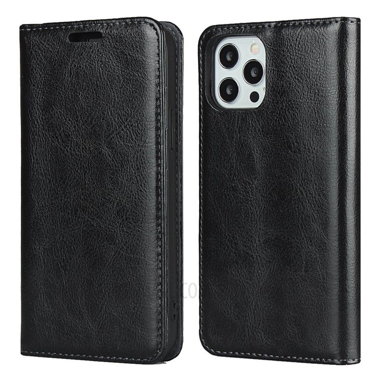 Crazy Horse Genuine Leather Wallet Stand Case Cover for iPhone 12 Pro Max - Black-2