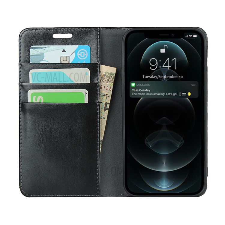 Crazy Horse Genuine Leather Wallet Stand Case Cover for iPhone 12 Pro Max - Black-4