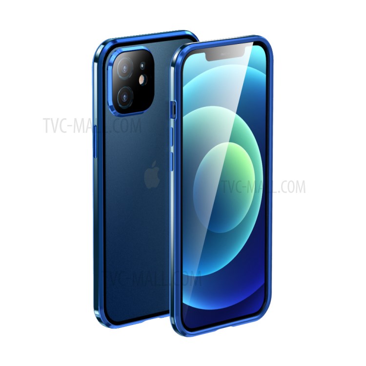 LUPHIE Magnetic Installation Metal Frame + Back Side Tempered Glass Case for iPhone 12 mini - Blue-1