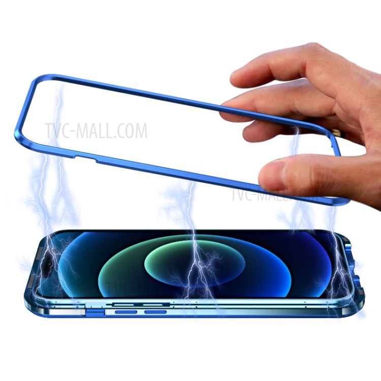 LUPHIE Magnetic Installation Metal Frame with Back Side Tempered Glass Case for iPhone 12 - Blue-2