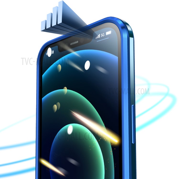 LUPHIE Magnetic Installation Metal Frame with Back Side Tempered Glass Case for iPhone 12 - Blue-3