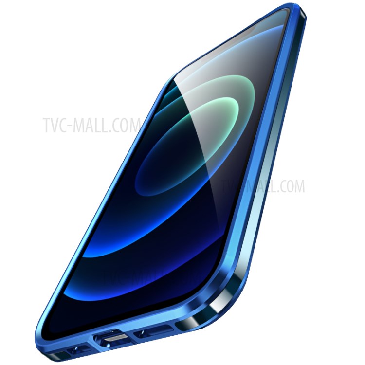 LUPHIE Magnetic Installation Metal Frame with Back Side Tempered Glass Case for iPhone 12 - Blue-4