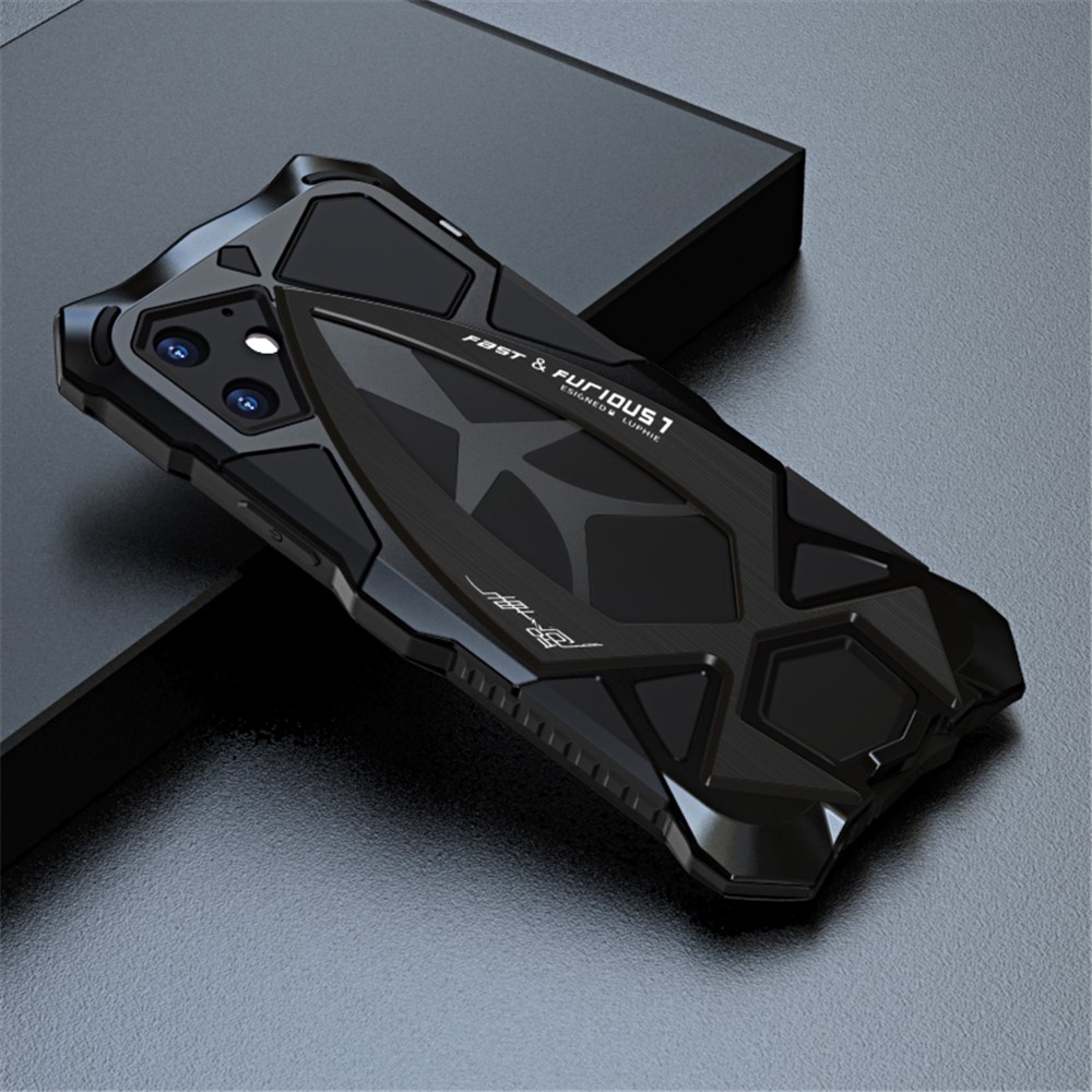 LUPHIE Sports Car Design Metal + Silicone + Tempered Glass Screen Film Full Protection Cover for iPhone 12 mini - Black