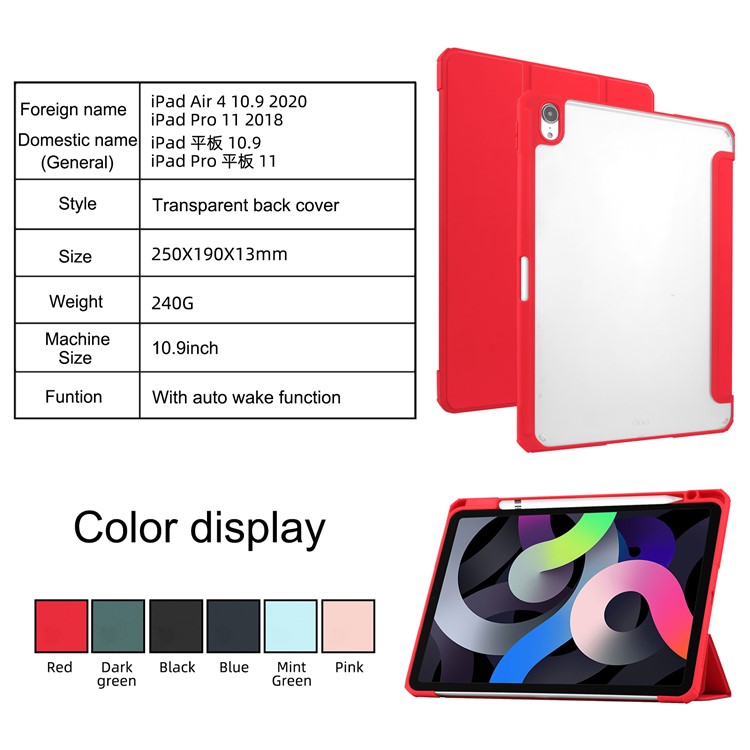 Transparent Back Cover Stand Built-in Pen Holder Tablet Case Shell for iPad Air (2020) - Red-8