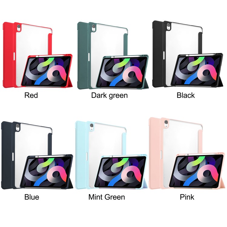 Transparent Back Cover Stand Built-in Pen Holder Tablet Case Shell for iPad Air (2020) - Red-9