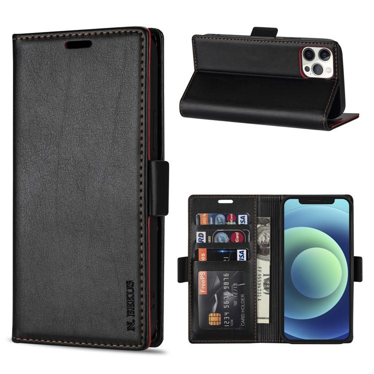N.BEKUS TPU + PU Leather Wallet Stand Protective Phone Case for iPhone 12/12 Pro - Black-1