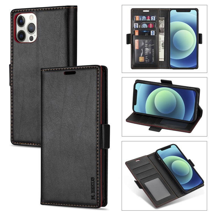 N.BEKUS TPU + PU Leather Wallet Stand Protective Phone Case for iPhone 12/12 Pro - Black-9