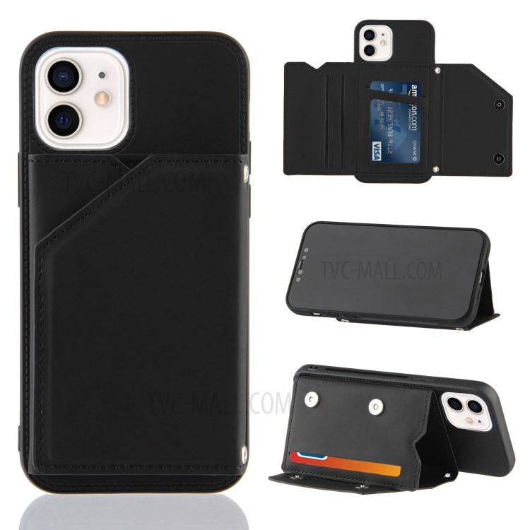Stand Card Slots Rubberized Leather Skin TPU + PU Leather Phone Shell for iPhone 12 mini - Black-1