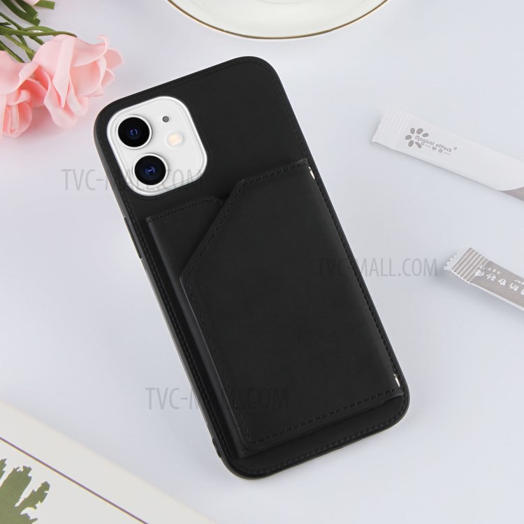 Stand Card Slots Rubberized Leather Skin TPU + PU Leather Phone Shell for iPhone 12 mini - Black-10