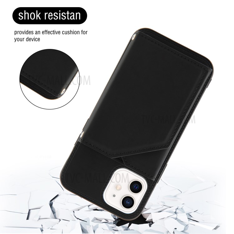 Stand Card Slots Rubberized Leather Skin TPU + PU Leather Phone Shell for iPhone 12 mini - Black-2