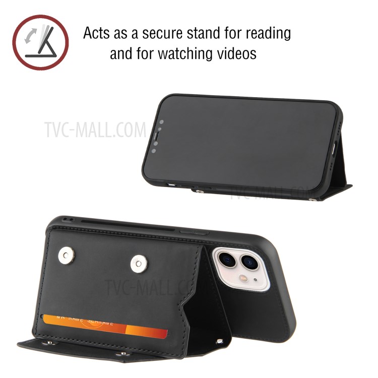 Stand Card Slots Rubberized Leather Skin TPU + PU Leather Phone Shell for iPhone 12 mini - Black-3