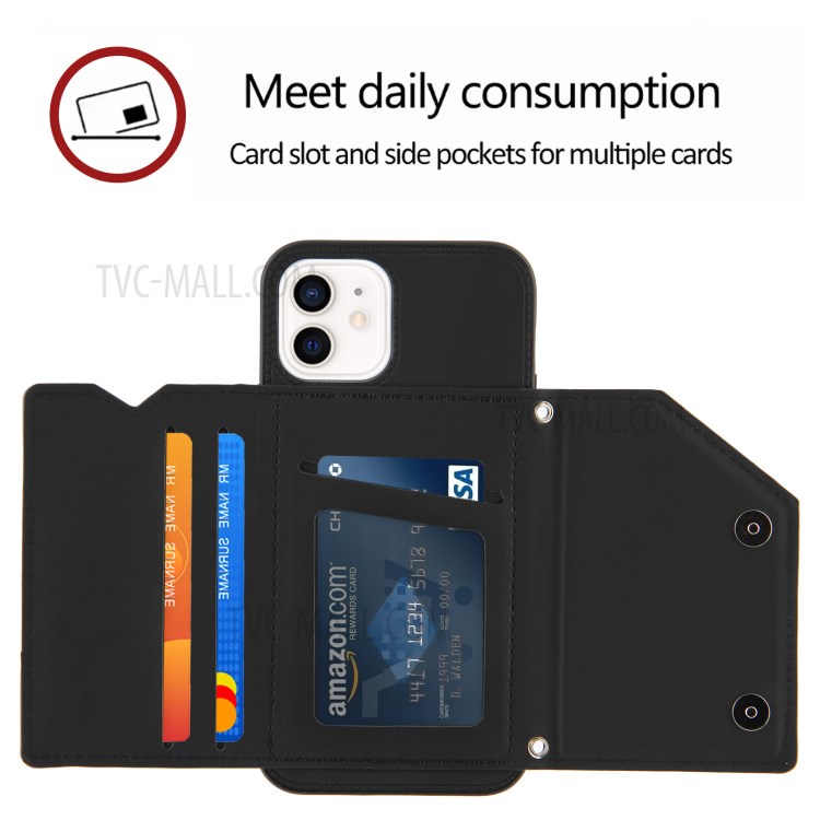 Stand Card Slots Rubberized Leather Skin TPU + PU Leather Phone Shell for iPhone 12 mini - Black-4