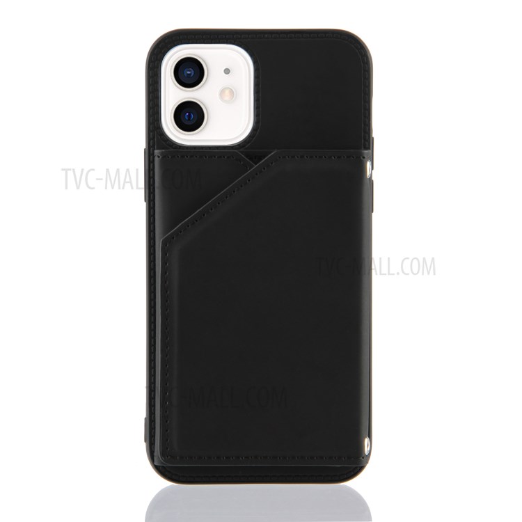 Stand Card Slots Rubberized Leather Skin TPU + PU Leather Phone Shell for iPhone 12 mini - Black-5