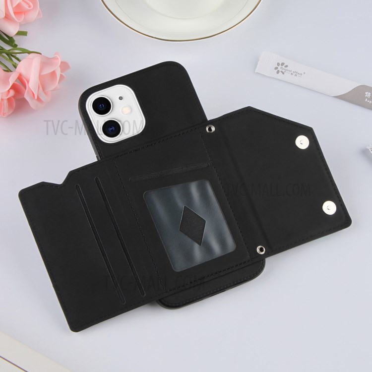 Stand Card Slots Rubberized Leather Skin TPU + PU Leather Phone Shell for iPhone 12 mini - Black-7