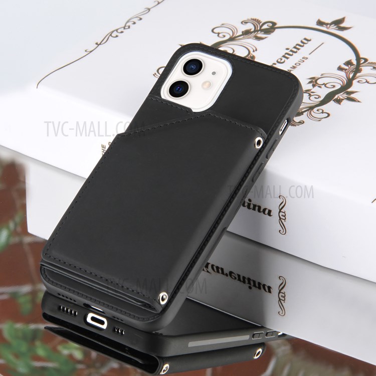 Stand Card Slots Rubberized Leather Skin TPU + PU Leather Phone Shell for iPhone 12 mini - Black-8