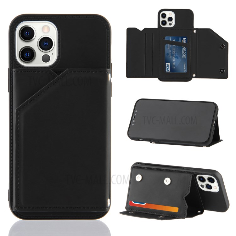 Shock-resistant Stand Card Slots TPU + PU Leather Phone Shell for iPhone 12/12 Pro - Black-1