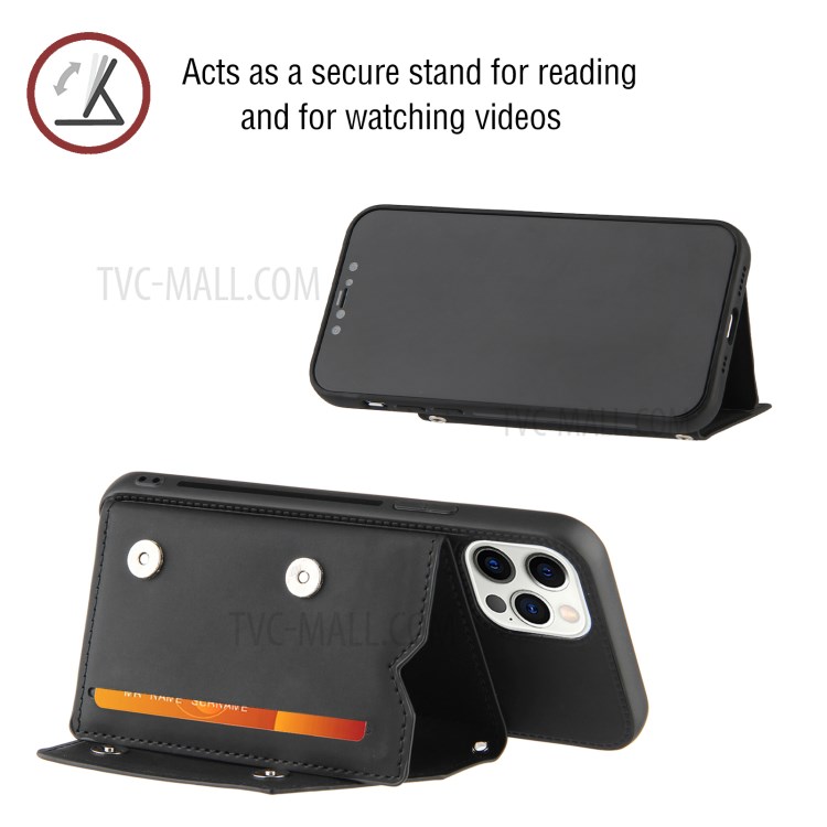 Shock-resistant Stand Card Slots TPU + PU Leather Phone Shell for iPhone 12/12 Pro - Black-5