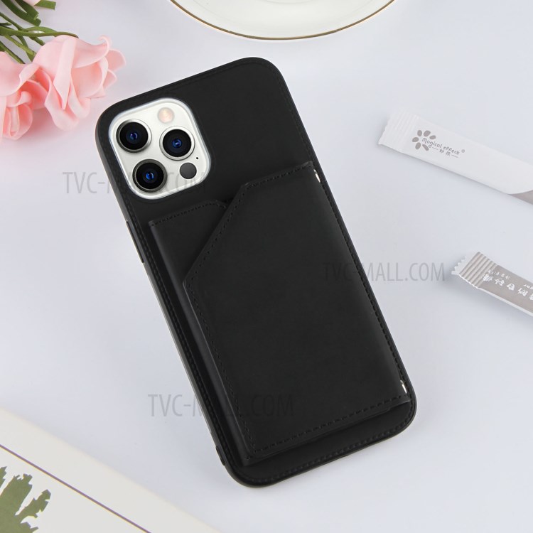 Shock-proof Stand Card Holder TPU + PU Leather Cell Phone Shell for iPhone 12 Pro Max - Black-9