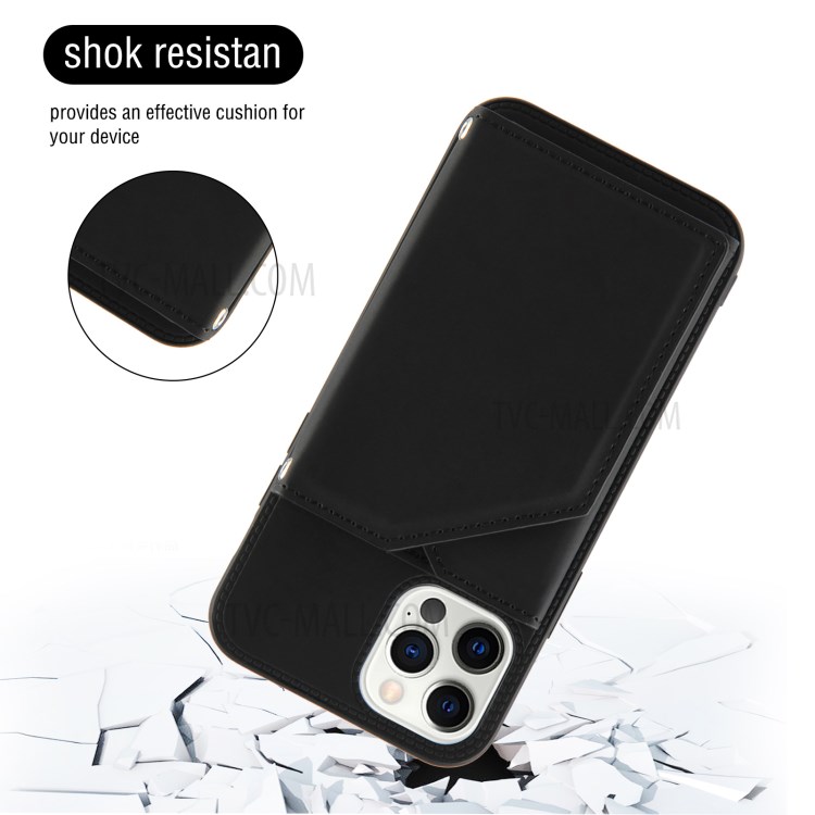 Shock-proof Stand Card Holder TPU + PU Leather Cell Phone Shell for iPhone 12 Pro Max - Black-2