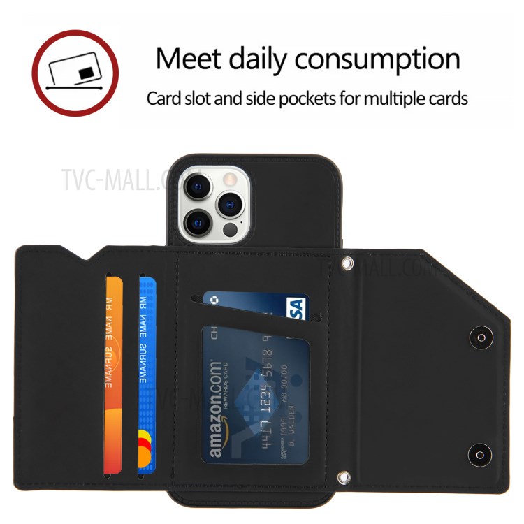 Shock-proof Stand Card Holder TPU + PU Leather Cell Phone Shell for iPhone 12 Pro Max - Black-4