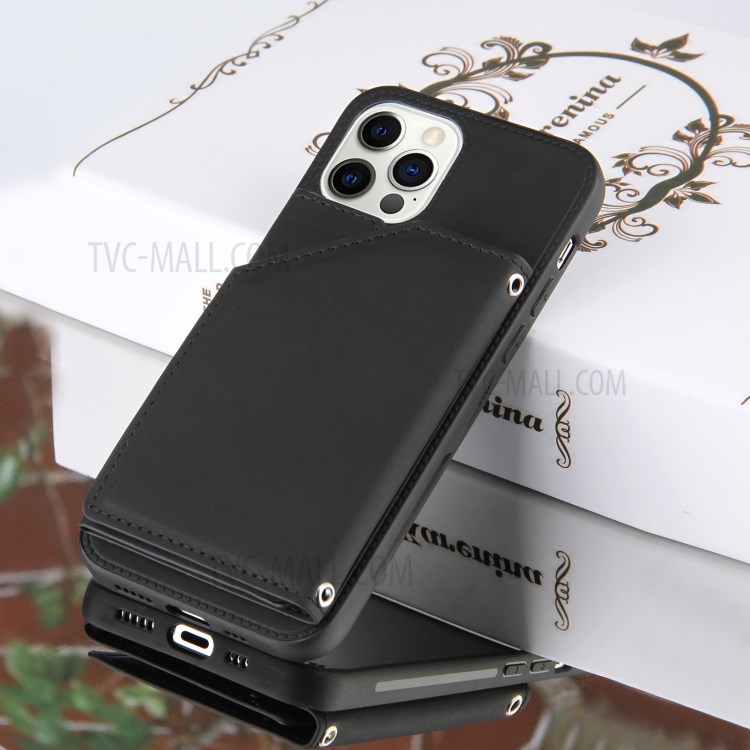 Shock-proof Stand Card Holder TPU + PU Leather Cell Phone Shell for iPhone 12 Pro Max - Black-7