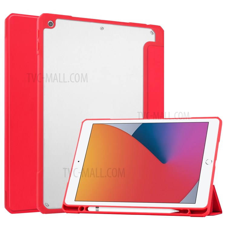 Transparent Back Cover Stand Tablet Case Shell with Pen Slot for iPad 10.2 (2019)/(2020) - Red-1