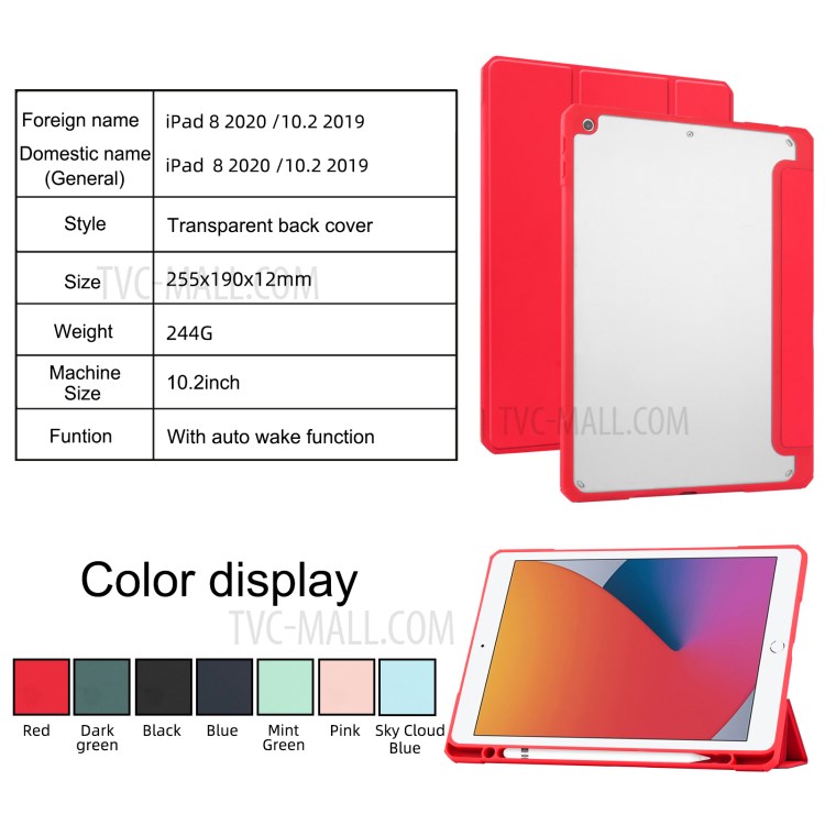 Transparent Back Cover Stand Tablet Case Shell with Pen Slot for iPad 10.2 (2019)/(2020) - Red-11