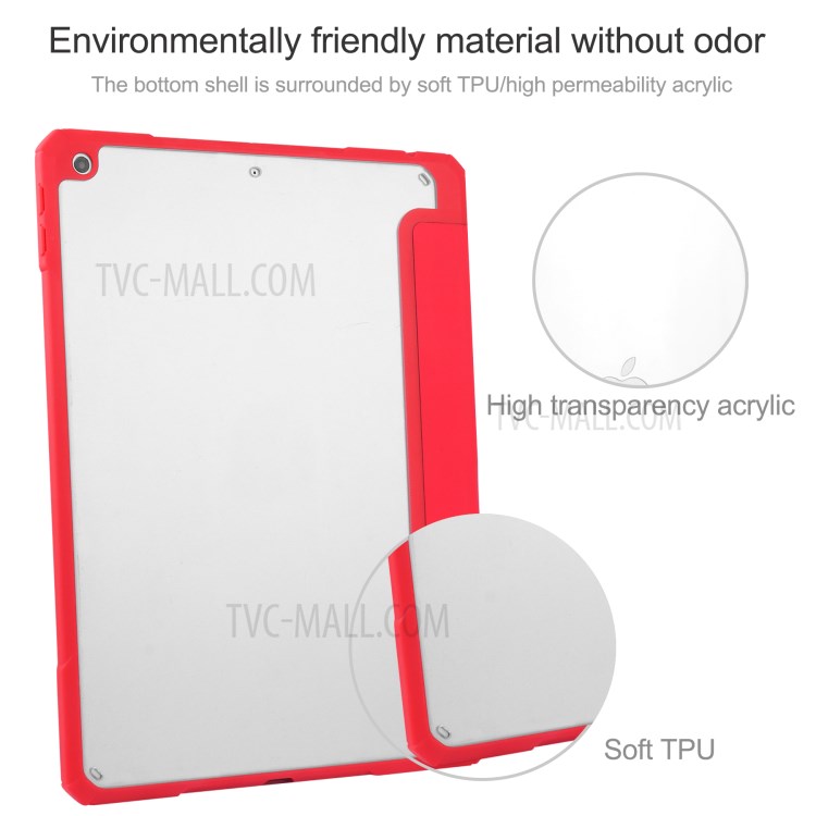 Transparent Back Cover Stand Tablet Case Shell with Pen Slot for iPad 10.2 (2019)/(2020) - Red-8