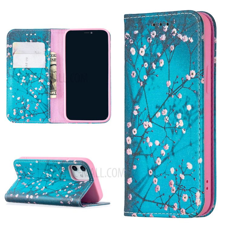 Auto-absorbed PU Leather Stand Case with Pattern Printing for iPhone 12 mini - Plum Blossom-1
