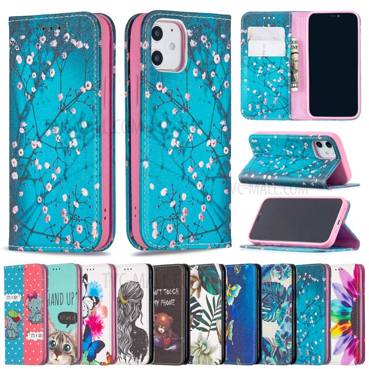 Auto-absorbed PU Leather Stand Case with Pattern Printing for iPhone 12 mini - Plum Blossom-10