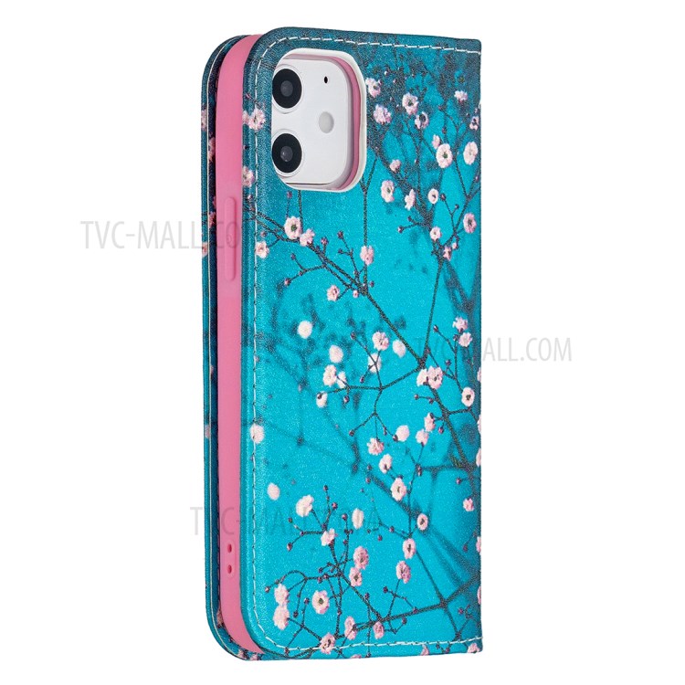 Auto-absorbed PU Leather Stand Case with Pattern Printing for iPhone 12 mini - Plum Blossom-3