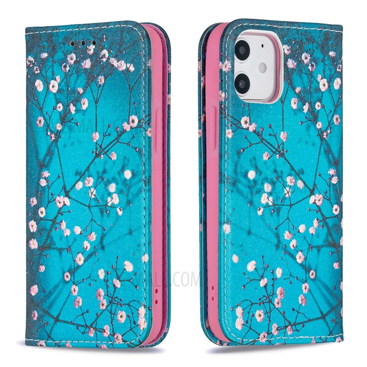 Auto-absorbed PU Leather Stand Case with Pattern Printing for iPhone 12 mini - Plum Blossom-4